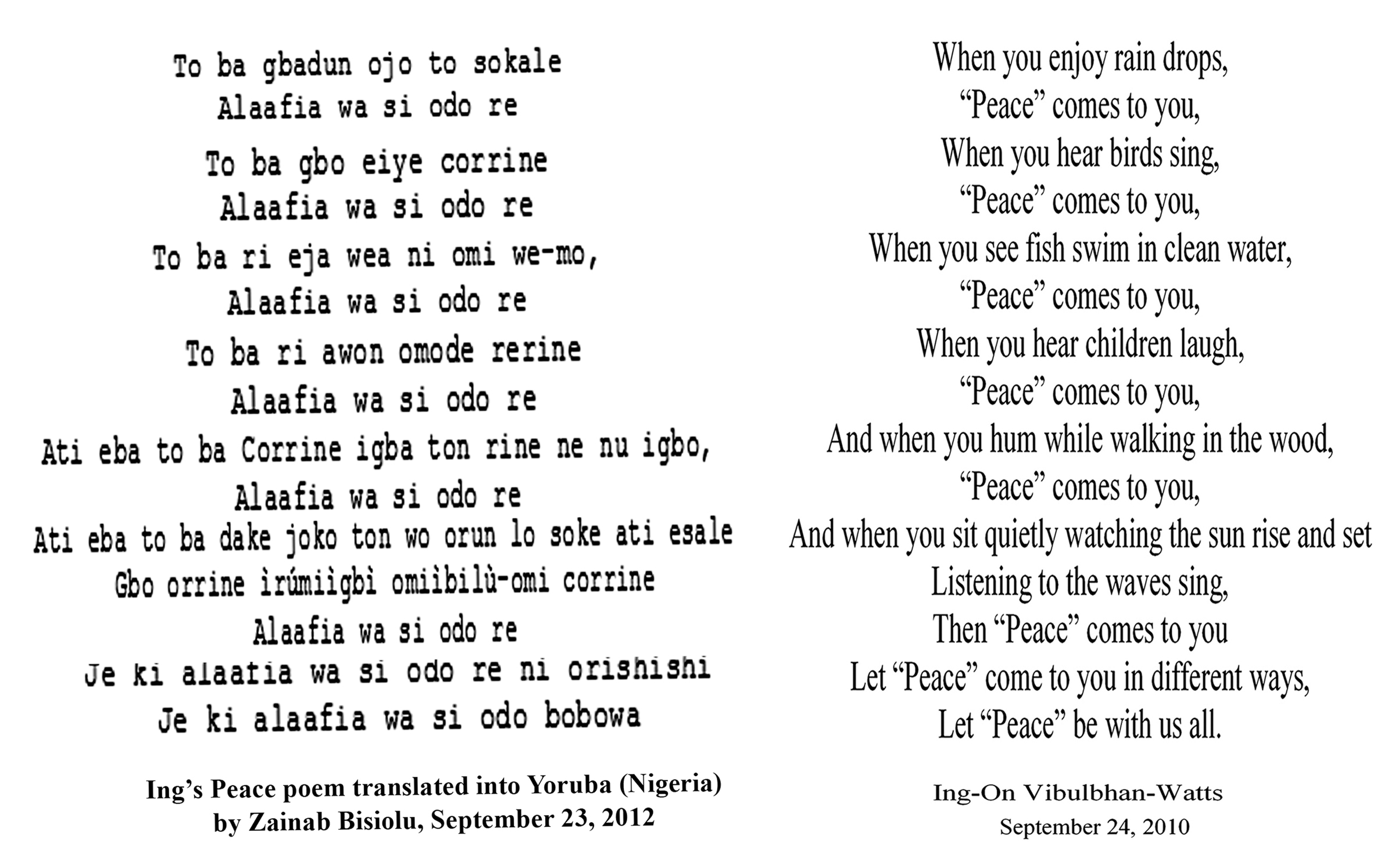 Peace Poem â€“ Yoruba (Nigeria, Togo, Benin)