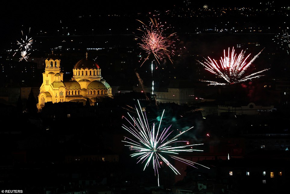 Fireworks explode over Alexander Nevski cathedral during the New Year celebrations in Sofia, Bulgaria, January 1, 2020