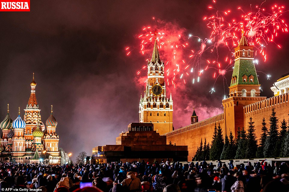 Fireworks explode over the Kremlin in Moscow during New Year celebrations, on January 1, 2020