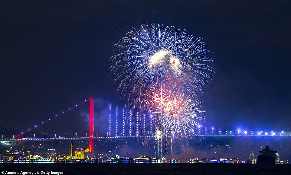 This evening's celebrations in Istanbul, Turkey, as fireworks explode over the July 15 Martyrs' Bridge