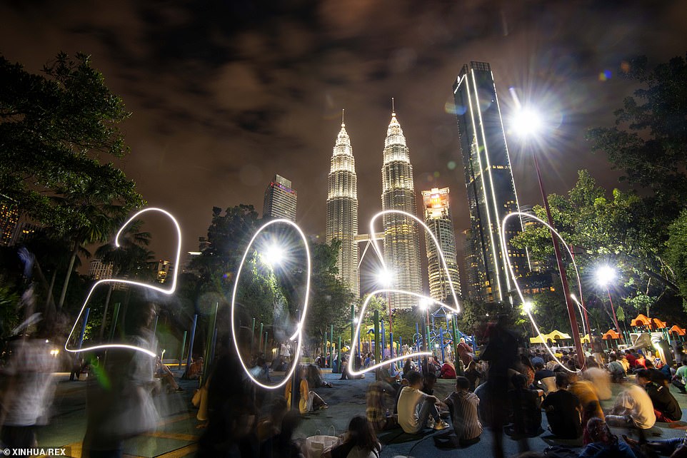 The light drawing of 2020 during the New Year celebrations near the Petronas Twin Towers New Year Celebrations, Kuala Lumpur, Malaysia, 01 January, 2020