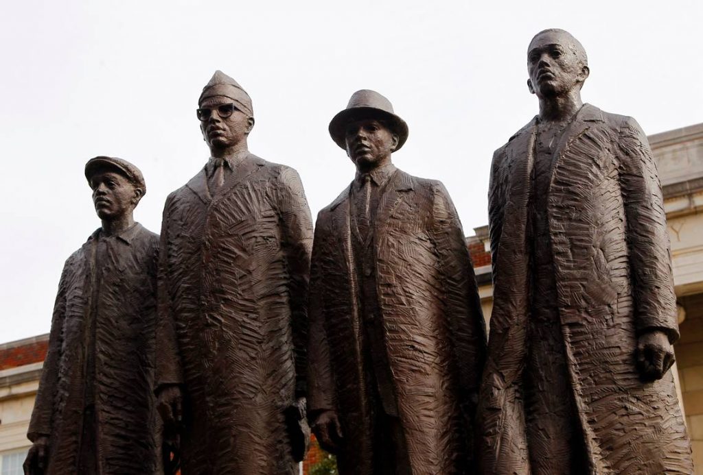 A statue of the four students who staged a civil rights sit-in at a Greensboro lunch counter in 1960 stands on the campus at N.C. A&T University in Greensboro NC on Jan. 23, 2014. They are (L:R) David Richmond, Franklin McCain, Ezell Blair, Jr., and Joseph McNeil. For story on the state of historically black universities in North Carolina, of which A&T is one.